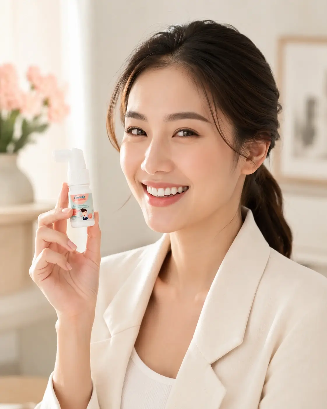 ผู้หญิงวัยทำงานยิ้มอย่างสดใส ไร้ความกังวลเรื่องแผลในปาก