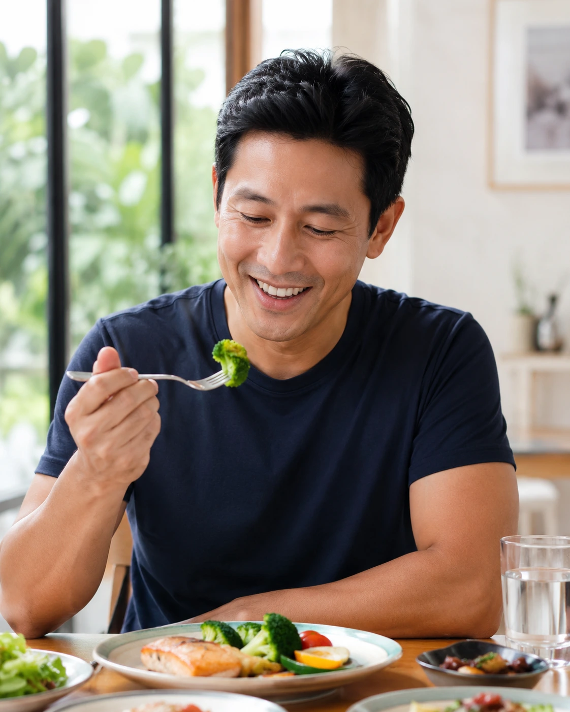ผู้ชายไทยวัยประมาณ 40 ปี กำลังกินอาหารด้วยสีหน้าสบาย