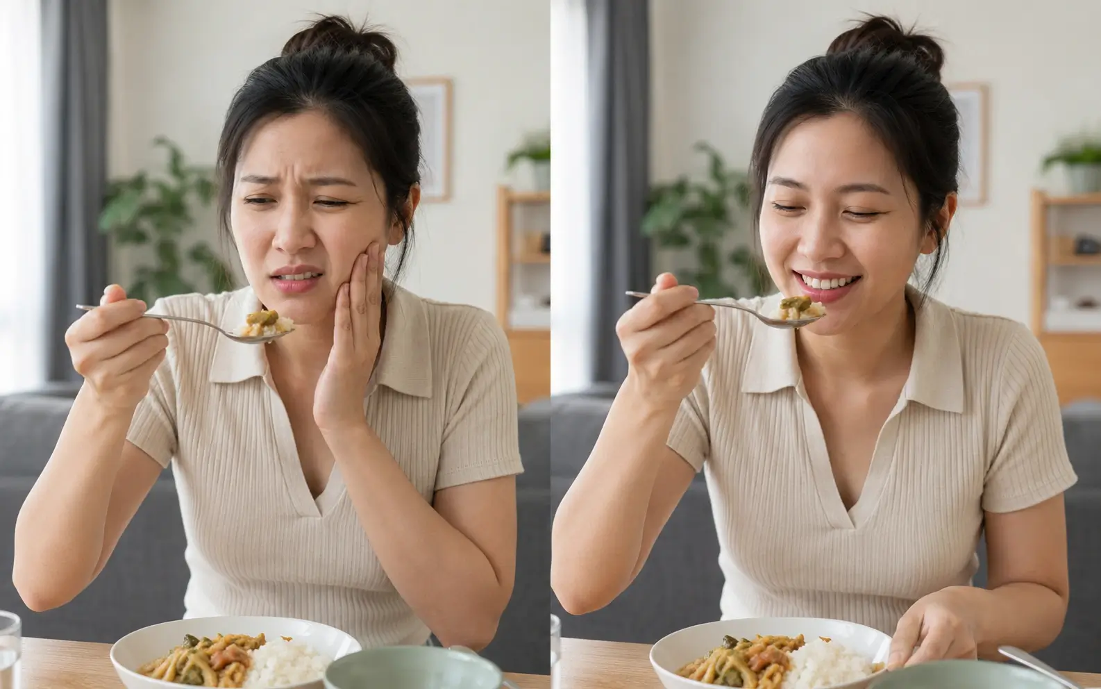 ภาพเปรียบเทียบผู้หญิงไทยวัยประมาณ 35 ปี ฝั่งซ้ายกำลังกินอาหารแล้วสีหน้าเจ็บในปาก ฝั่งขวากำลังกินอาหารอย่างสบาย สีหน้าผ่อนคลาย อยู่ในบ้าน แสงธรรมชาติ