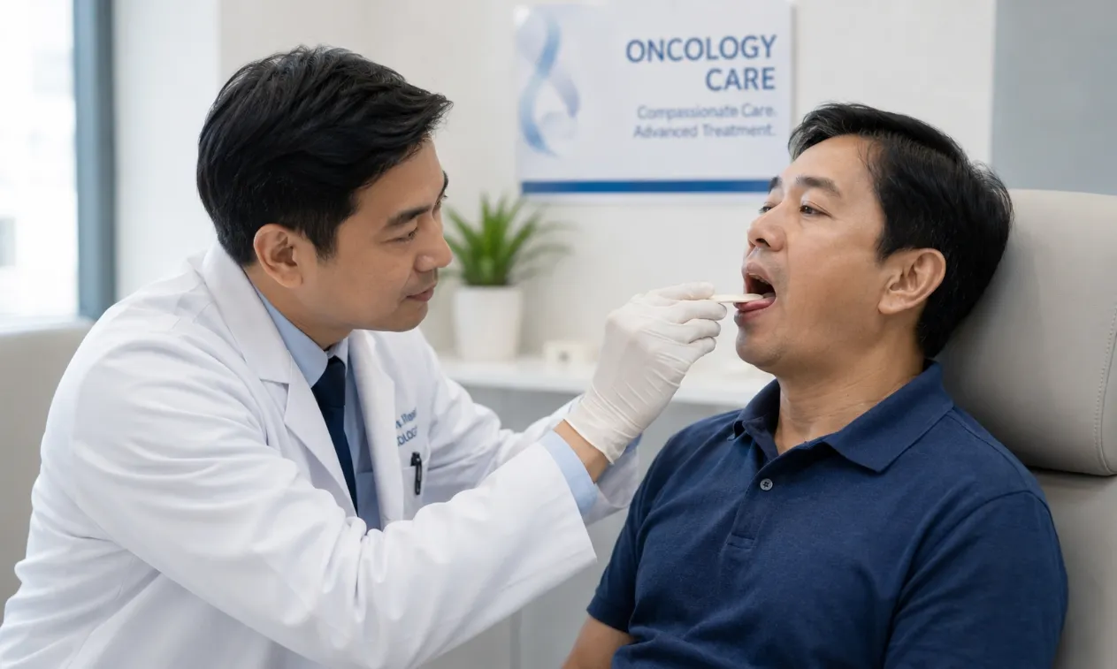 แพทย์กำลังประเมินแผลในช่องปากของผู้ป่วยผู้ใหญ่ที่มี oral mucositis จากการรักษามะเร็ง ในบรรยากาศคลินิกอายุรกรรมหรือมะเร็งวิทยา